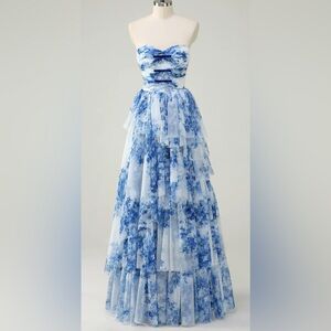 Elegant Blue Floral Strapless Prom Dress